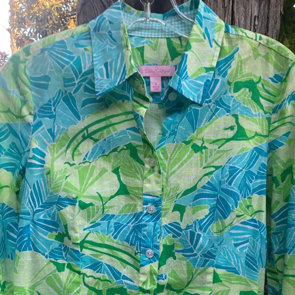 Lilly Pulitzer Size 0 Blue Green Long Sleeve Button Down Top EUC Gator Alley - Picture 6 of 6